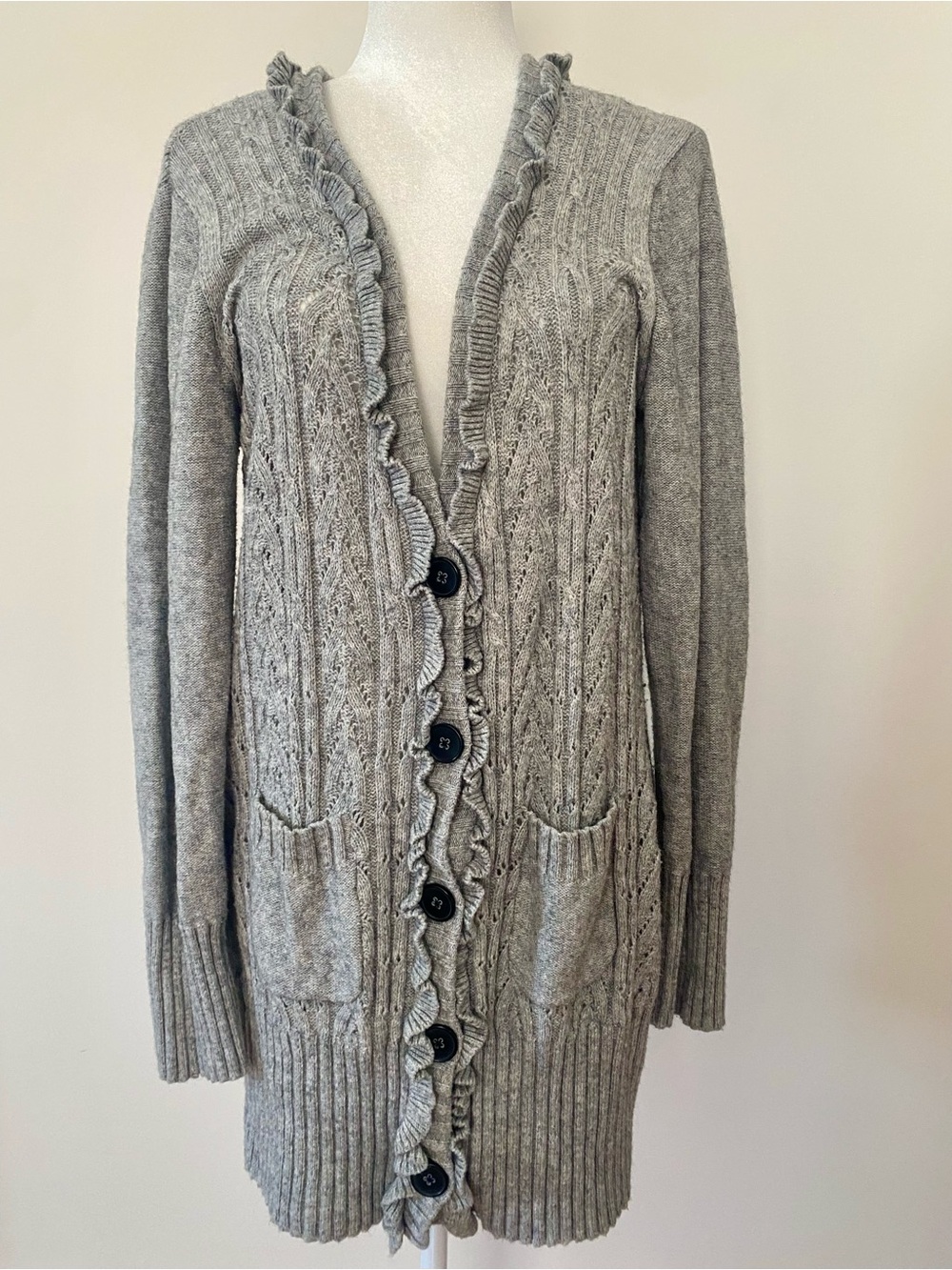 Banana Republic Factory Gray Cable Knit Ruffle Cardigan Sweater Size Large